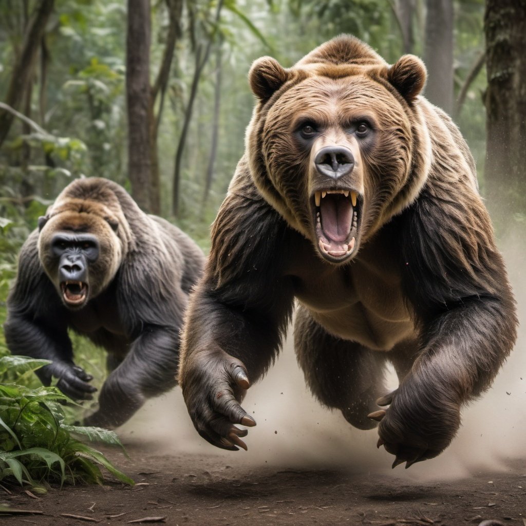 bear vs gorilla both  running in the forest